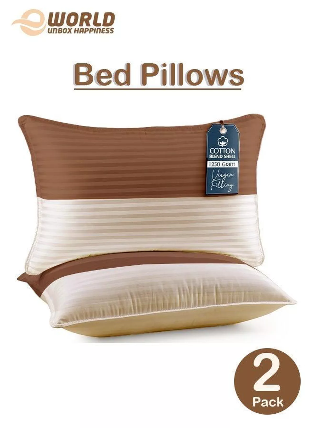 Pack of 2 Down Alternative Bed Pillows, 1250g Fill, Cotton Blend Cover, Hotel Quality, 50x75cm, Brown-Cream-3-3
