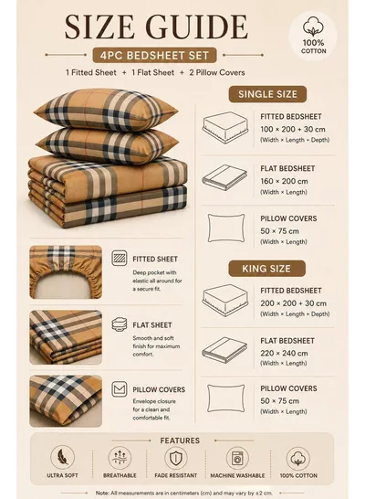 4-Piece Printed Cotton Bedsheet Set, Tartan Plaid / Check Pattern, 100% Cotton, 125 GSM, 1 Fitted Sheet + 1 Flat Sheet + 2 Pillowcases – Available in Single and King Sizes-1