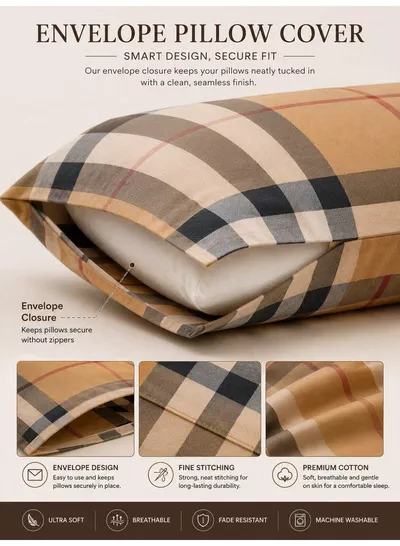 4-Piece Printed Cotton Bedsheet Set, Tartan Plaid / Check Pattern, 100% Cotton, 125 GSM, 1 Fitted Sheet + 1 Flat Sheet + 2 Pillowcases – Available in Single and King Sizes-3