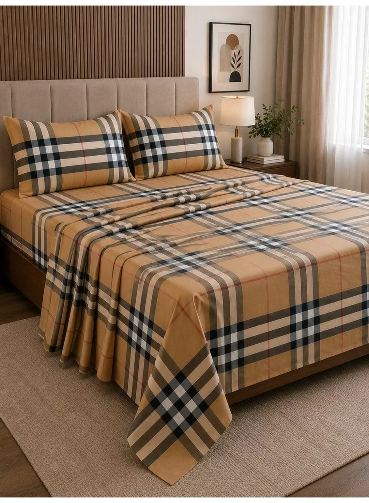 4-Piece Printed Cotton Bedsheet Set, Tartan Plaid / Check Pattern, 100% Cotton, 125 GSM, 1 Fitted Sheet + 1 Flat Sheet + 2 Pillowcases – Available in Single and King Sizes