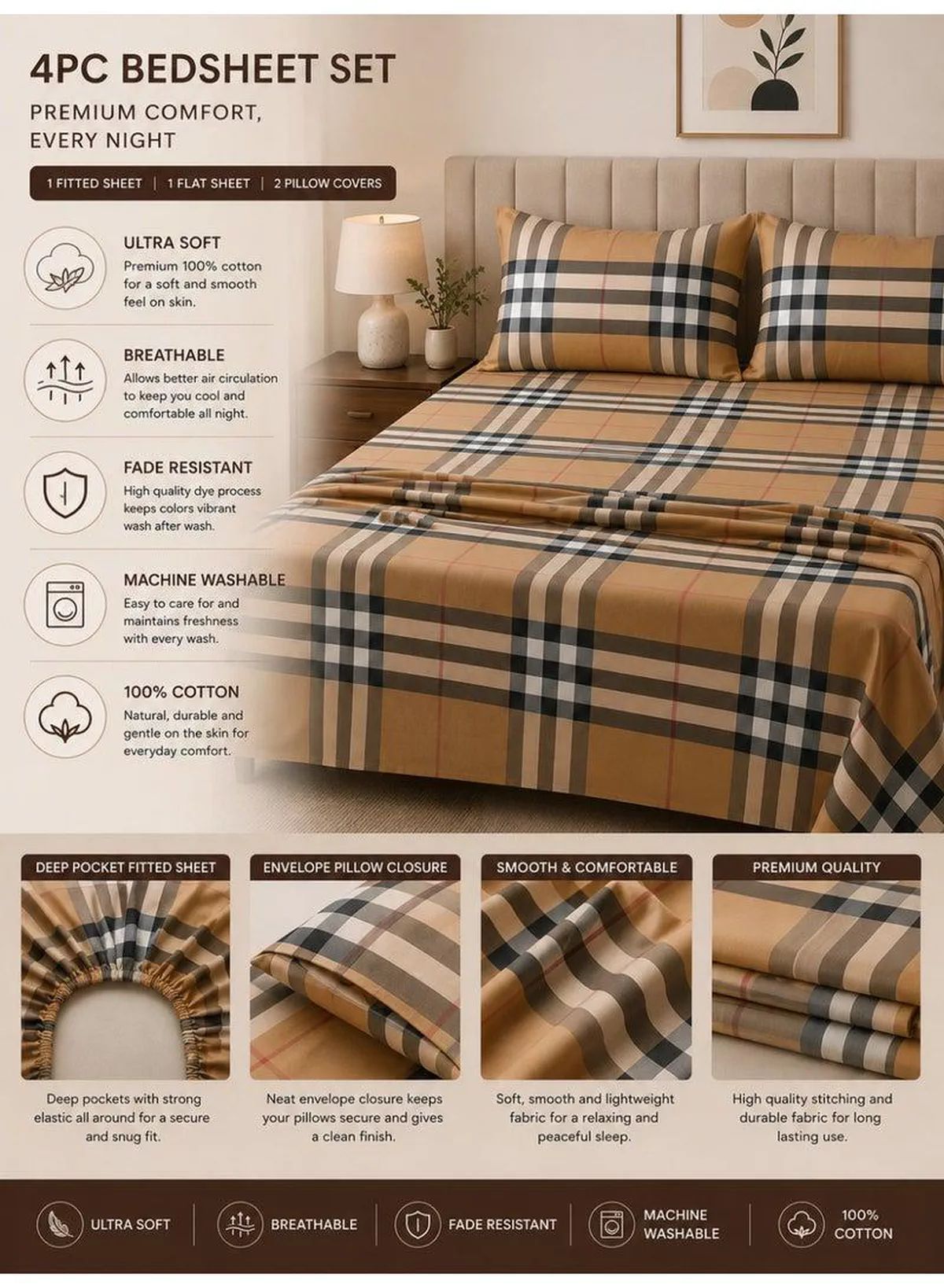 4-Piece Printed Cotton Bedsheet Set, Tartan Plaid / Check Pattern, 100% Cotton, 125 GSM, 1 Fitted Sheet + 1 Flat Sheet + 2 Pillowcases – Available in Single and King Sizes-2-2
