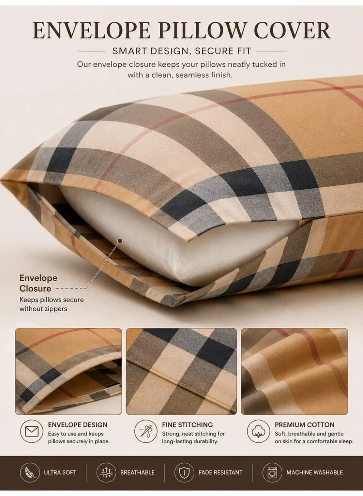 4-Piece Printed Cotton Bedsheet Set, Tartan Plaid / Check Pattern, 100% Cotton, 125 GSM, 1 Fitted Sheet + 1 Flat Sheet + 2 Pillowcases – Available in Single and King Sizes-3-3