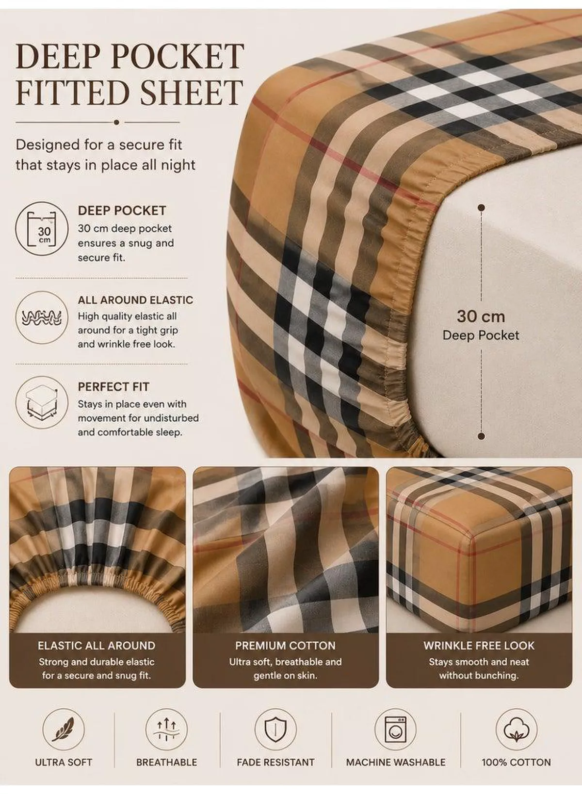 4-Piece Printed Cotton Bedsheet Set, Tartan Plaid / Check Pattern, 100% Cotton, 125 GSM, 1 Fitted Sheet + 1 Flat Sheet + 2 Pillowcases – Available in Single and King Sizes-4-4