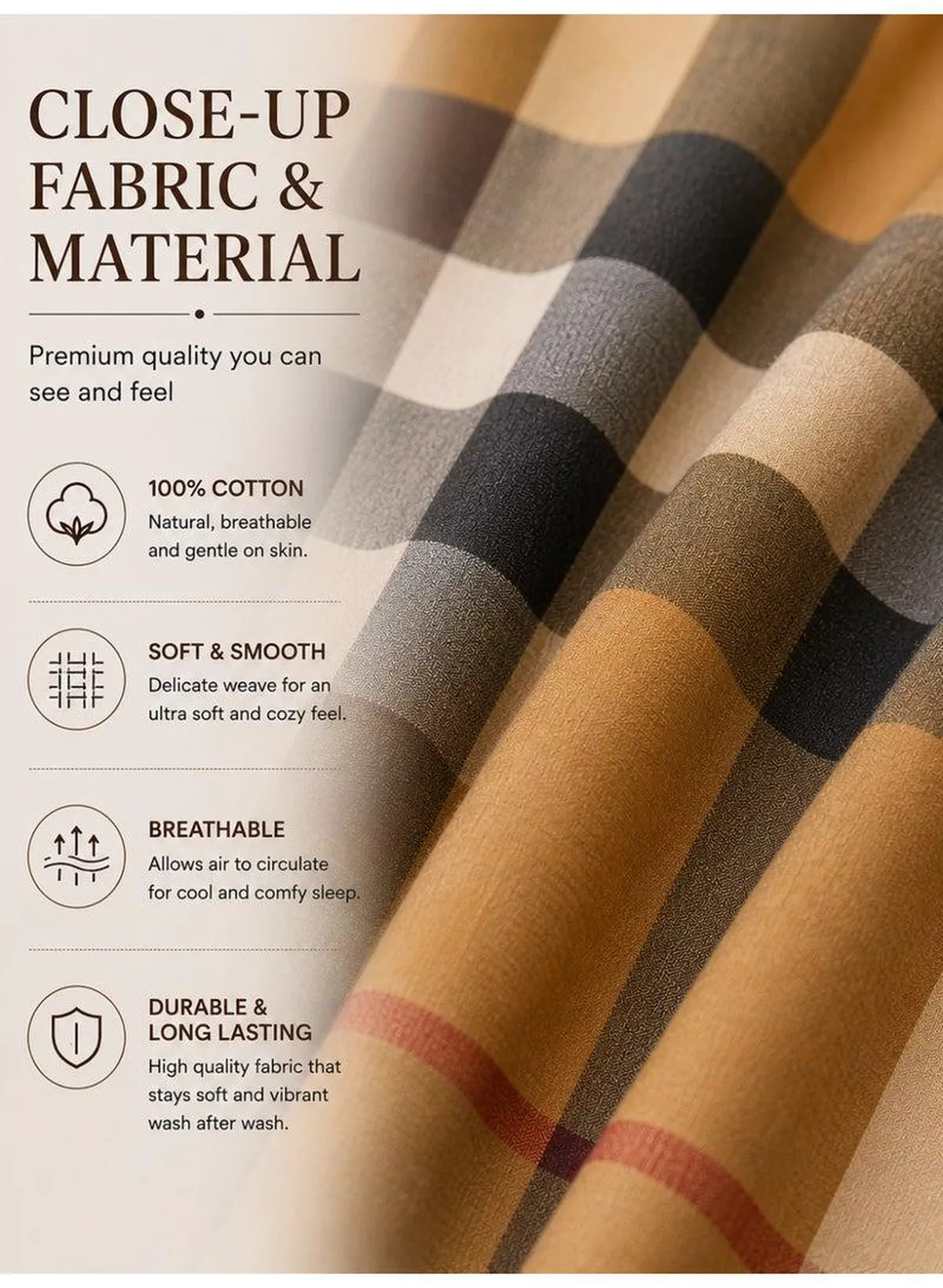4-Piece Printed Cotton Bedsheet Set, Tartan Plaid / Check Pattern, 100% Cotton, 125 GSM, 1 Fitted Sheet + 1 Flat Sheet + 2 Pillowcases – Available in Single and King Sizes-5-5