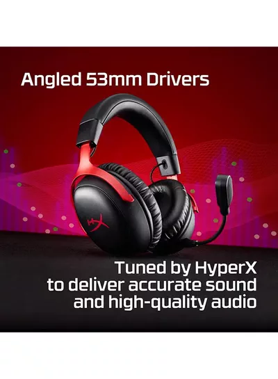 HyperX Cloud III S Wireless Gaming Headphones, 53mm Angled Drivers, Memory Foam Padding, Premium Leatherette Surface, Electret Condenser Microphone, Polar Pattern - Black/Red | A59Z0AA-6