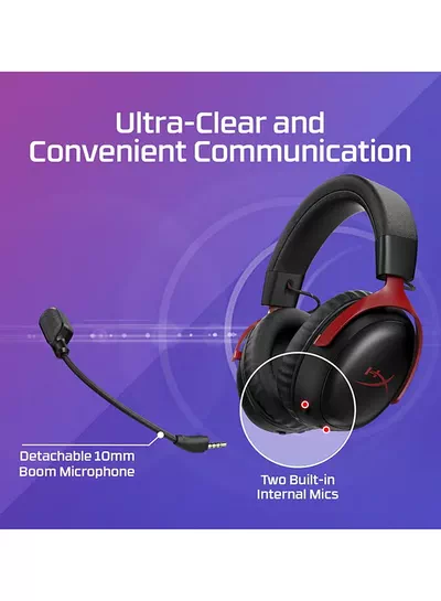 HyperX Cloud III S Wireless Gaming Headphones, 53mm Angled Drivers, Memory Foam Padding, Premium Leatherette Surface, Electret Condenser Microphone, Polar Pattern - Black/Red | A59Z0AA-2