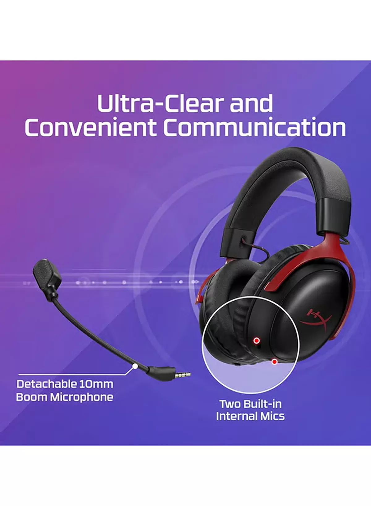 HyperX Cloud III S Wireless Gaming Headphones, 53mm Angled Drivers, Memory Foam Padding, Premium Leatherette Surface, Electret Condenser Microphone, Polar Pattern - Black/Red | A59Z0AA-2-2