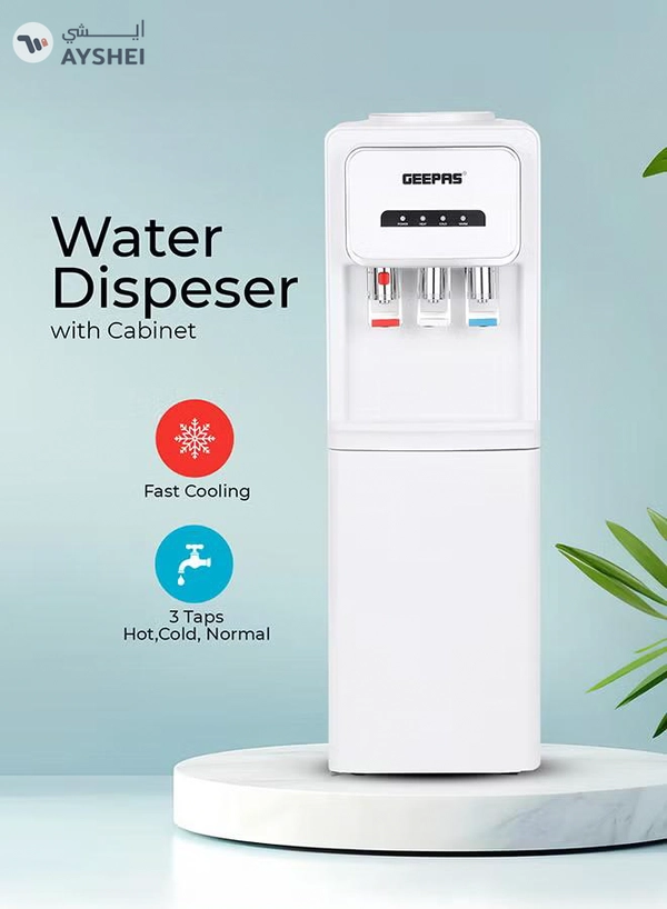 GEEPAS Hot and Cold Water Dispenser with Refrigerator- 3 Taps, Stainless Steel Tank/ Child Lock, Perfect for Home, School, Apartments, Office, etc. GWD17024 WHITE