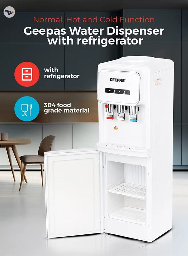 GEEPAS Hot and Cold Water Dispenser with Refrigerator- 3 Taps, Stainless Steel Tank/ Child Lock, Perfect for Home, School, Apartments, Office, etc. GWD17024 WHITE