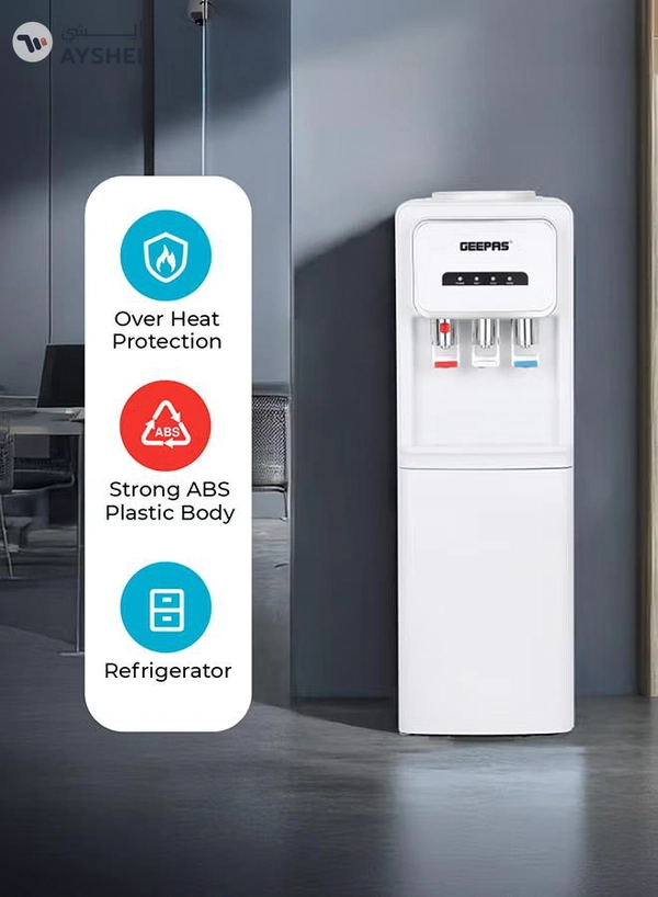 GEEPAS Hot and Cold Water Dispenser with Refrigerator- 3 Taps, Stainless Steel Tank/ Child Lock, Perfect for Home, School, Apartments, Office, etc. GWD17024 WHITE