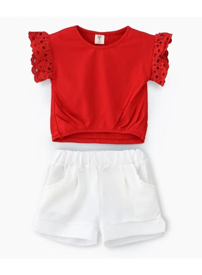 Babyqlo Flared Sleeves T-Shirt And Shorts Set Red/White-3