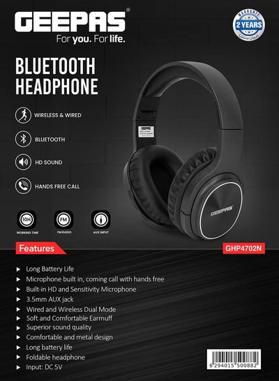 GEEPAS Bluetooth Headphone High-Quality Sound and 10 Hours Working Time| Wired & Wireless Use Improves Mobility and Flexibility| Hands Free Call, FM Radio, AUX Input| Comfortable, Modern and Foldable Design with Soft Earmuff | 2 Years Warranty Black-6
