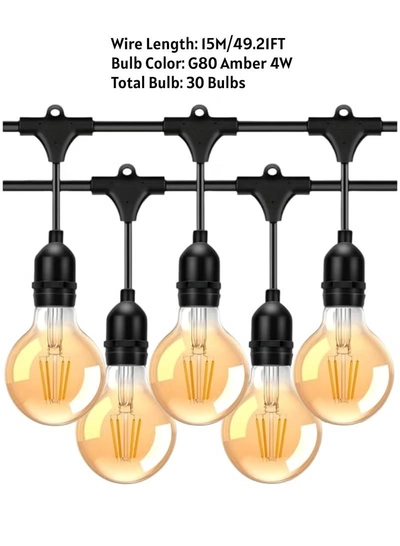Yuwell Outdoor Waterproof IP65 Led String Lights E27 Holder 15 Meter Bulb Holder Wire With 30 Bulbs 4W G80 Amber With EU Plug Solar Bulb Holder For Ramadan Decoration Lights And Outdoor Decoration Light Hanging Light String Wire Ramadan Light For Commercial Patio Garden & Porch Yard-4