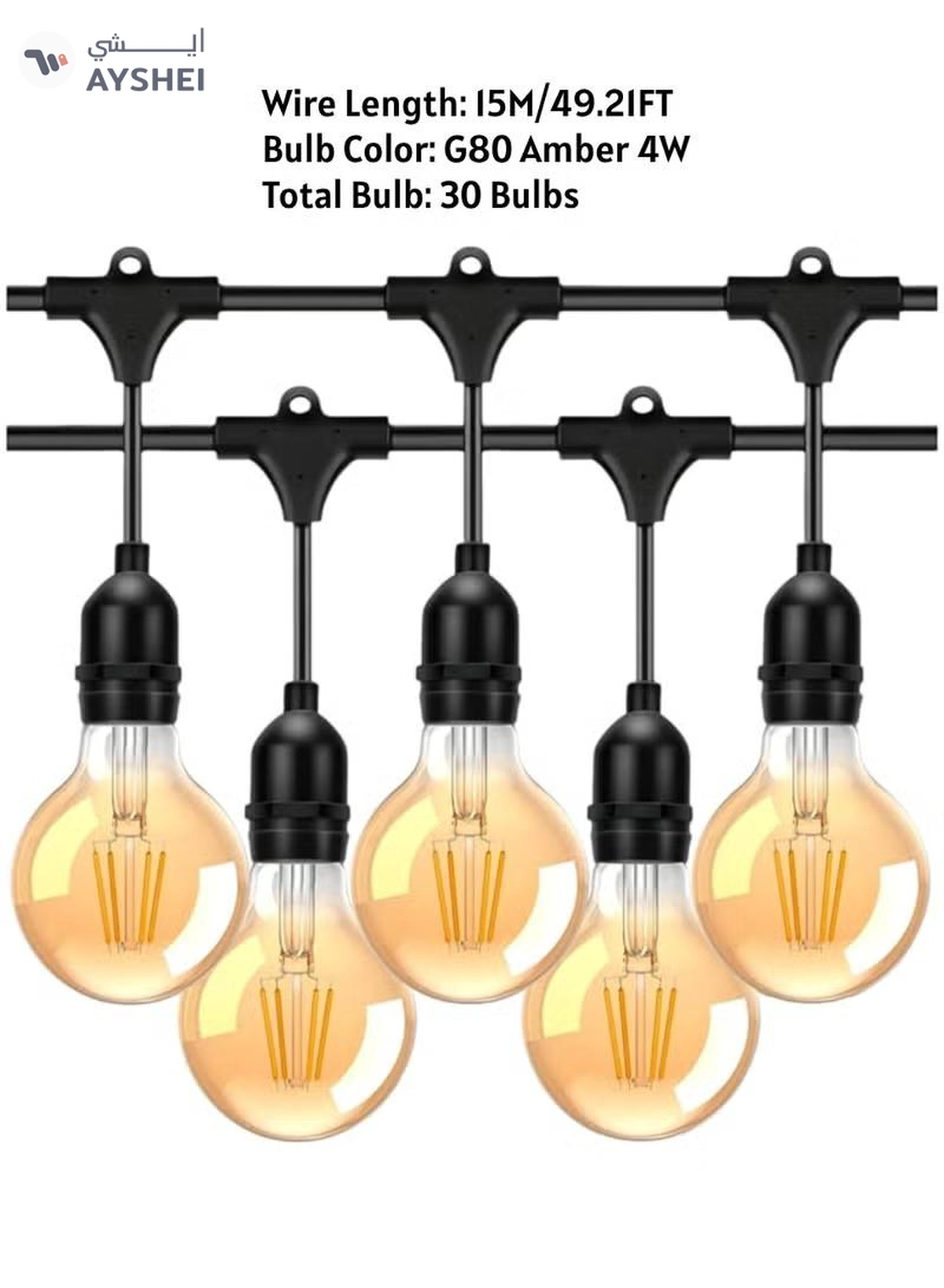 Yuwell Outdoor Waterproof IP65 Led String Lights E27 Holder 15 Meter Bulb Holder Wire With 30 Bulbs 4W G80 Amber With EU Plug Solar Bulb Holder For Ramadan Decoration Lights And Outdoor Decoration Light Hanging Light String Wire Ramadan Light For Commercial Patio Garden & Porch Yard-4-4