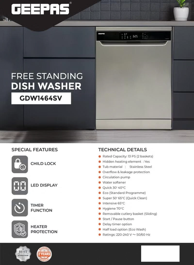 GEEPAS Free Standing Dishwasher 14 Place Settings 6 programs | LED Display, Timer Function, Heater Protection | Eco Wash, Delay Timer Option, Child Lock | GDW1464SV silver-2