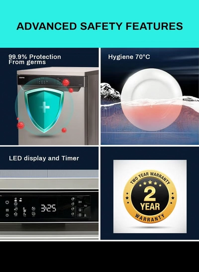 GEEPAS Free Standing Dishwasher 14 Place Settings 6 programs | LED Display, Timer Function, Heater Protection | Eco Wash, Delay Timer Option, Child Lock | GDW1464SV silver-6
