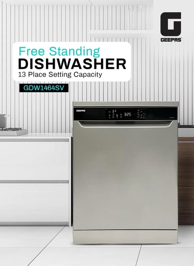 GEEPAS Free Standing Dishwasher 14 Place Settings 6 programs | LED Display, Timer Function, Heater Protection | Eco Wash, Delay Timer Option, Child Lock | GDW1464SV silver-0