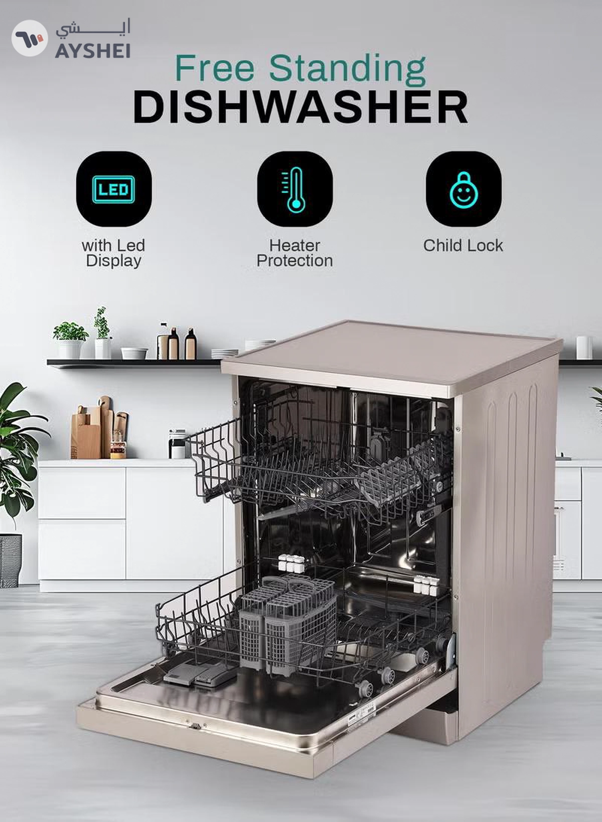 GEEPAS Free Standing Dishwasher 14 Place Settings 6 programs | LED Display, Timer Function, Heater Protection | Eco Wash, Delay Timer Option, Child Lock | GDW1464SV silver-1-1