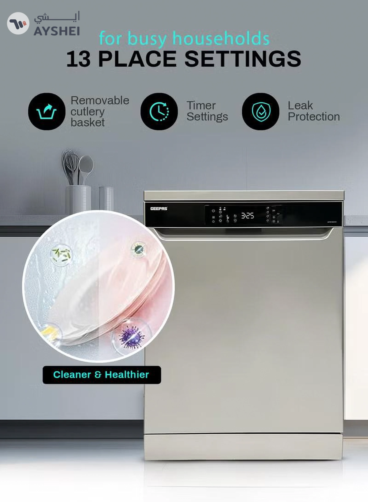 GEEPAS Free Standing Dishwasher 14 Place Settings 6 programs | LED Display, Timer Function, Heater Protection | Eco Wash, Delay Timer Option, Child Lock | GDW1464SV silver-3-3