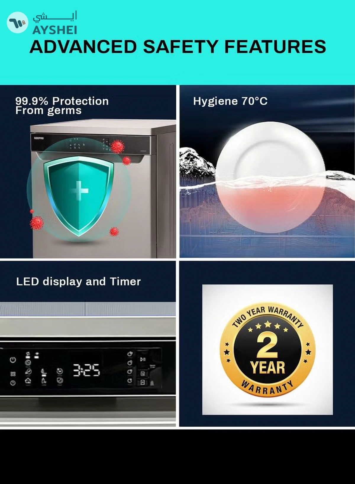 GEEPAS Free Standing Dishwasher 14 Place Settings 6 programs | LED Display, Timer Function, Heater Protection | Eco Wash, Delay Timer Option, Child Lock | GDW1464SV silver-6-6