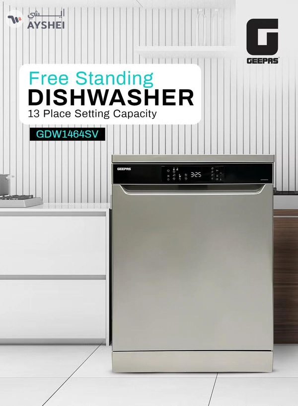 GEEPAS Free Standing Dishwasher 14 Place Settings 6 programs | LED Display, Timer Function, Heater Protection | Eco Wash, Delay Timer Option, Child Lock | GDW1464SV silver