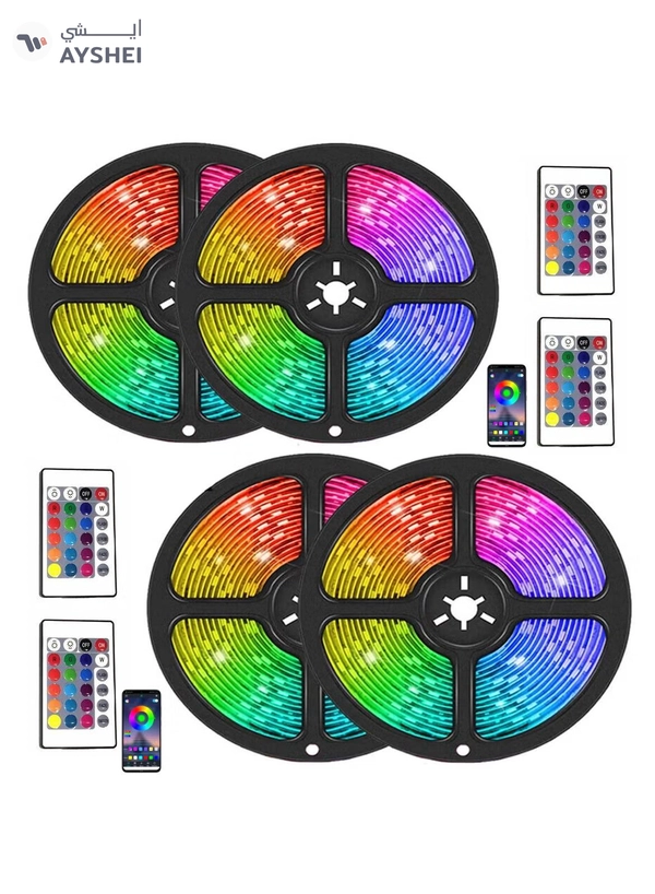Yuwell 4 Pcs 5M Smart LED Strip Light RGB App And Remote Control Colorful Rope Lighting 20M For Home Decor Kitchen Bedroom Hotel Outdoor Bar Garden And Desktop Decoration Smart TV LED Backlights