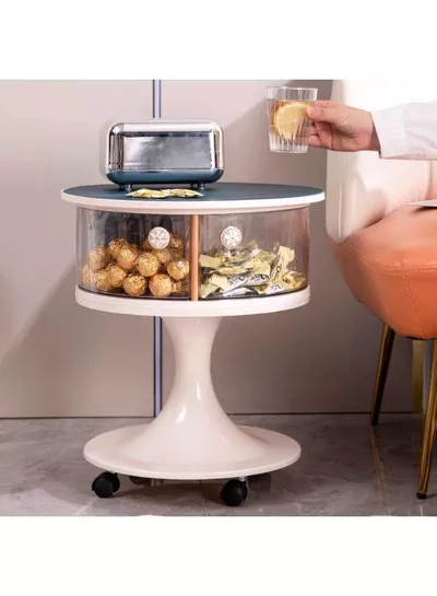 Modern Round Bedside Table with Storage Drawers and Wheels bedroom with this stylish round bedside table featuring two transparent storage drawers, a smooth tabletop, and a sturdy pedestal base. Designed with rolling wheels for easy movement, it offers convenient storage for books, cosmetics, remotes, and everyday essentials while adding a modern touch to any room.-1