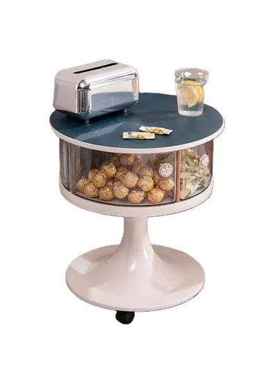 Modern Round Bedside Table with Storage Drawers and Wheels bedroom with this stylish round bedside table featuring two transparent storage drawers, a smooth tabletop, and a sturdy pedestal base. Designed with rolling wheels for easy movement, it offers convenient storage for books, cosmetics, remotes, and everyday essentials while adding a modern touch to any room.-2