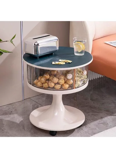 Modern Round Bedside Table with Storage Drawers and Wheels bedroom with this stylish round bedside table featuring two transparent storage drawers, a smooth tabletop, and a sturdy pedestal base. Designed with rolling wheels for easy movement, it offers convenient storage for books, cosmetics, remotes, and everyday essentials while adding a modern touch to any room.-3