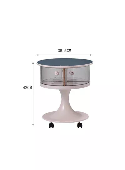 Modern Round Bedside Table with Storage Drawers and Wheels bedroom with this stylish round bedside table featuring two transparent storage drawers, a smooth tabletop, and a sturdy pedestal base. Designed with rolling wheels for easy movement, it offers convenient storage for books, cosmetics, remotes, and everyday essentials while adding a modern touch to any room.-4