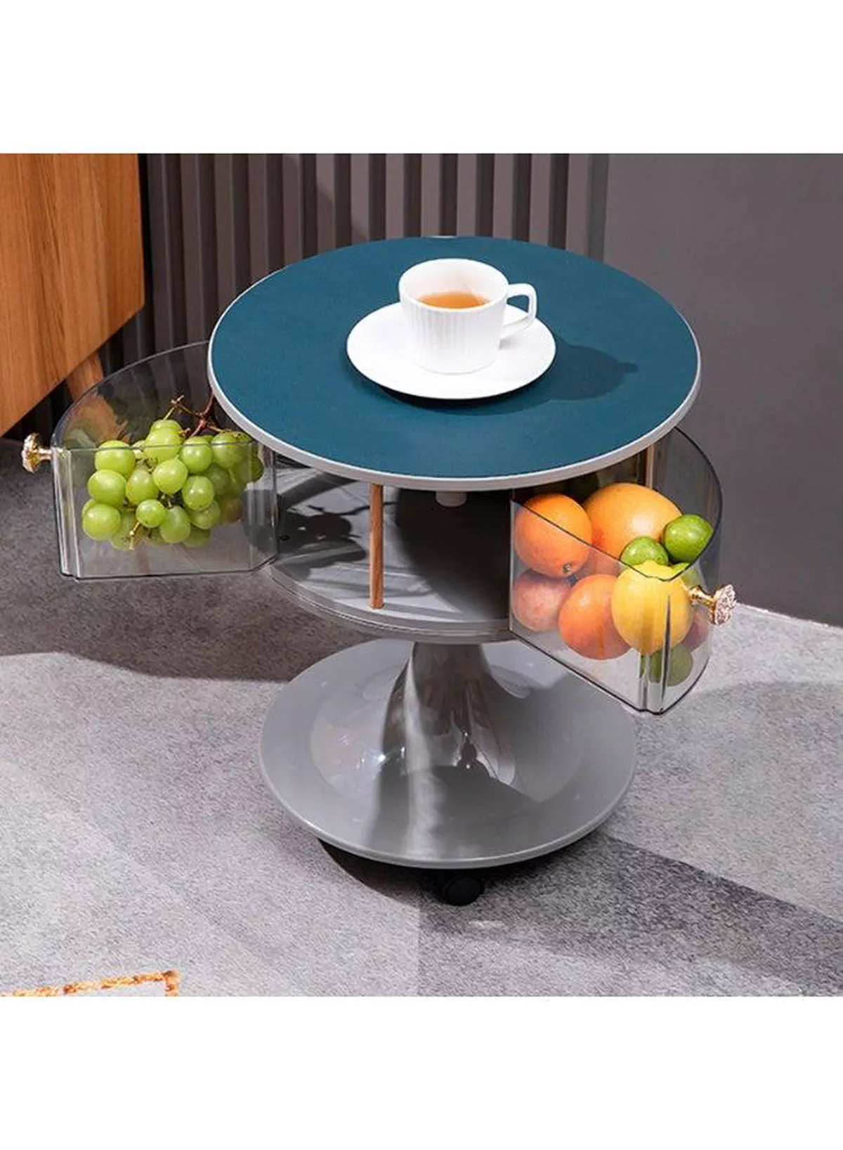 Modern Round Bedside Table with Storage Drawers and Wheels bedroom with this stylish round bedside table featuring two transparent storage drawers, a smooth tabletop, and a sturdy pedestal base. Designed with rolling wheels for easy movement, it offers convenient storage for books, cosmetics, remotes, and everyday essentials while adding a modern touch to any room.