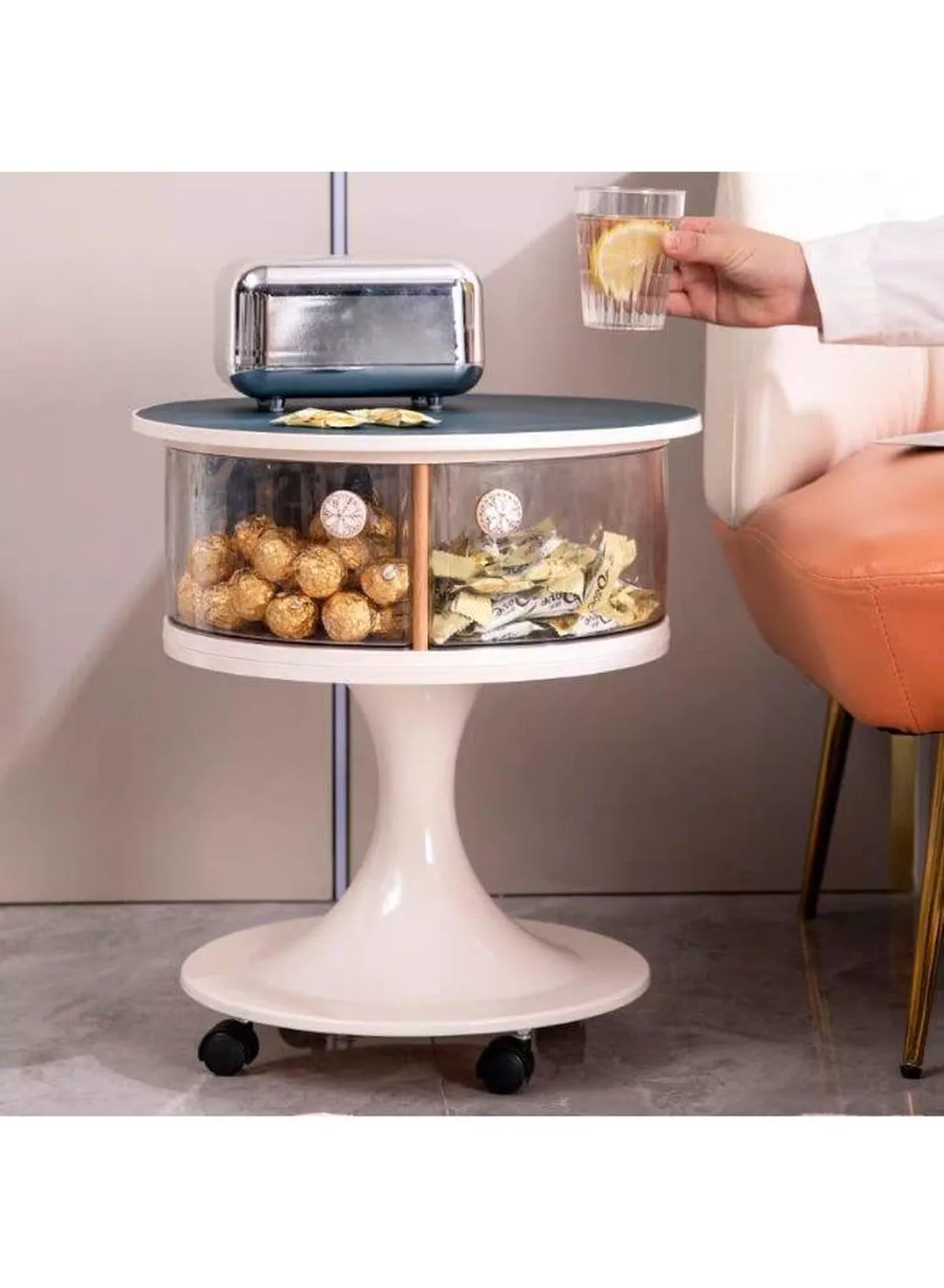 Modern Round Bedside Table with Storage Drawers and Wheels bedroom with this stylish round bedside table featuring two transparent storage drawers, a smooth tabletop, and a sturdy pedestal base. Designed with rolling wheels for easy movement, it offers convenient storage for books, cosmetics, remotes, and everyday essentials while adding a modern touch to any room.-1-1