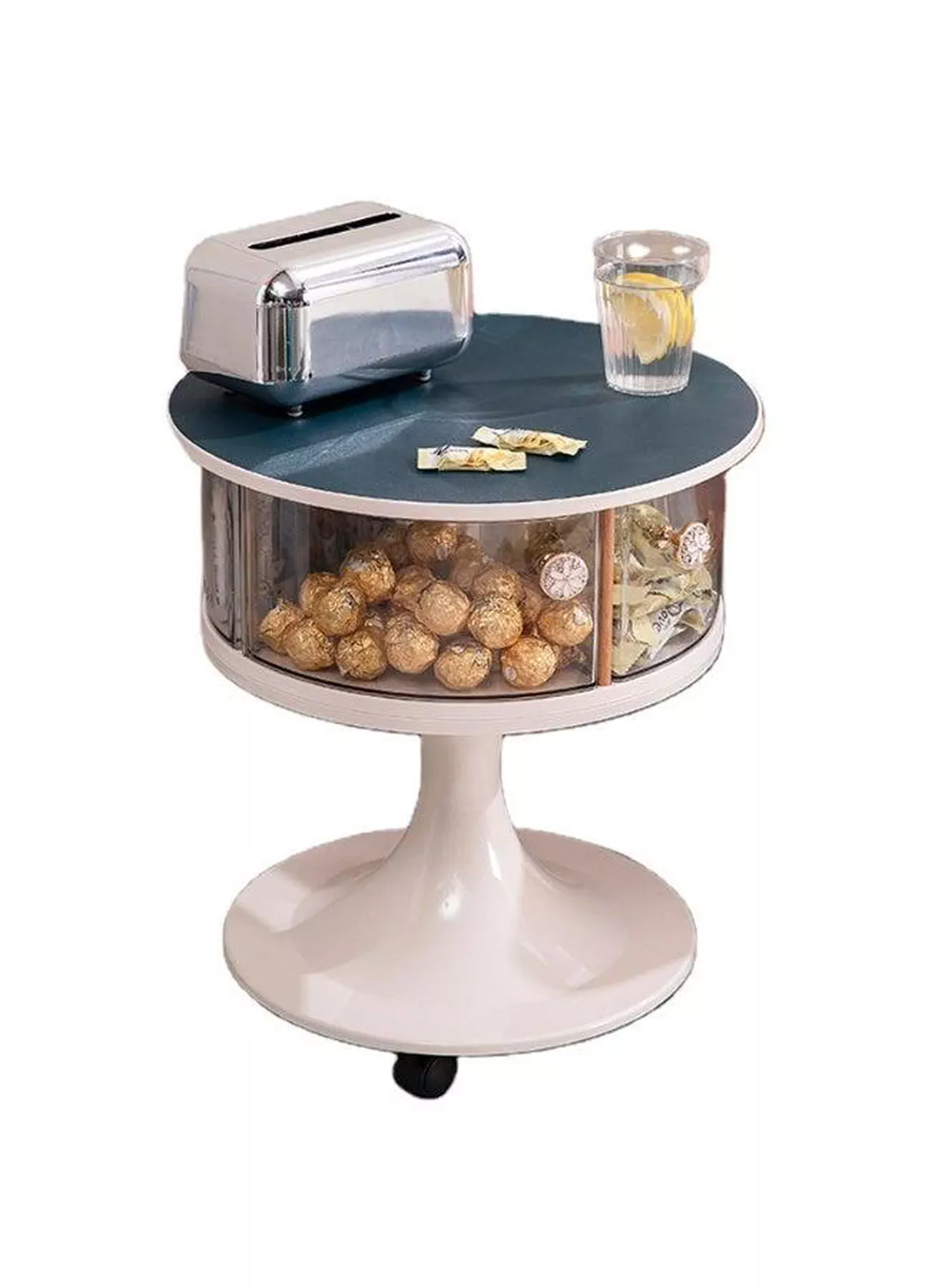 Modern Round Bedside Table with Storage Drawers and Wheels bedroom with this stylish round bedside table featuring two transparent storage drawers, a smooth tabletop, and a sturdy pedestal base. Designed with rolling wheels for easy movement, it offers convenient storage for books, cosmetics, remotes, and everyday essentials while adding a modern touch to any room.-2-2