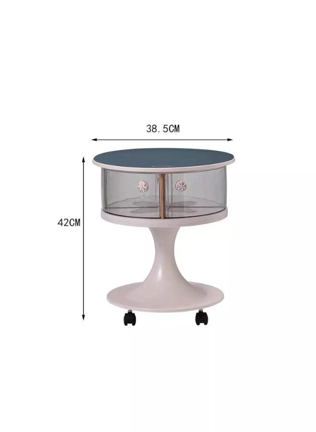 Modern Round Bedside Table with Storage Drawers and Wheels bedroom with this stylish round bedside table featuring two transparent storage drawers, a smooth tabletop, and a sturdy pedestal base. Designed with rolling wheels for easy movement, it offers convenient storage for books, cosmetics, remotes, and everyday essentials while adding a modern touch to any room.-4-4
