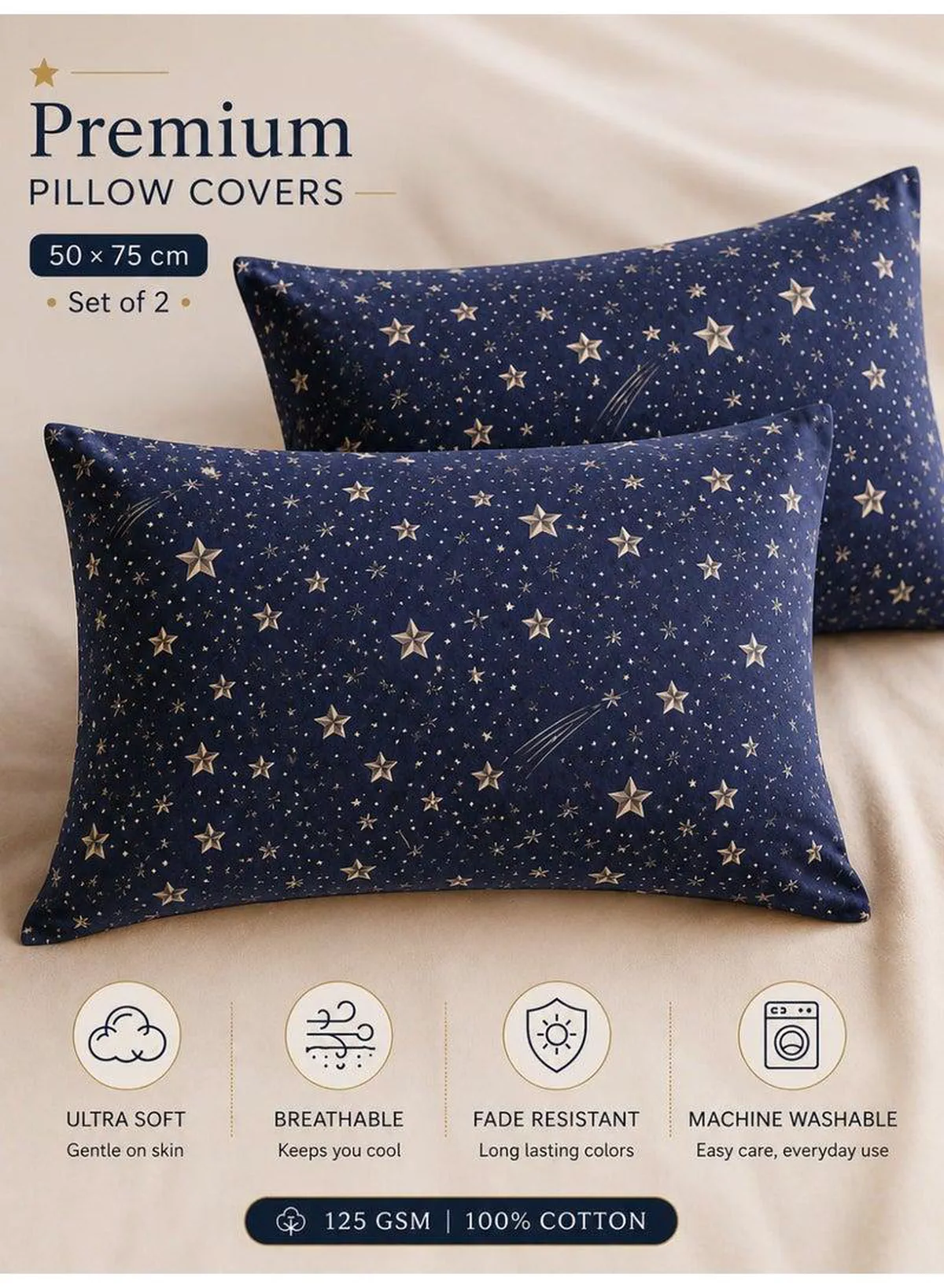 Set of 2 100% Cotton Printed Pillow Covers, Celestial Stars Pattern, 125 GSM Fabric, Soft & Breathable, Envelope Closure, Fade Resistant & Machine Washable – 50 x 75 cm