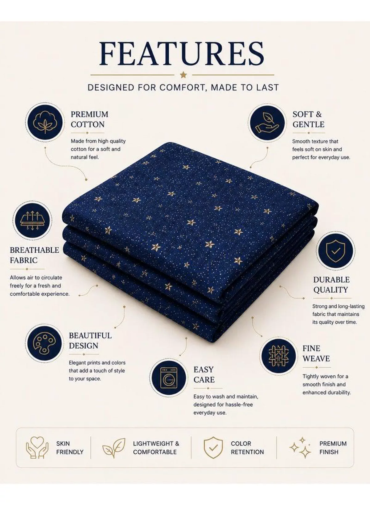 Set of 2 100% Cotton Printed Pillow Covers, Celestial Stars Pattern, 125 GSM Fabric, Soft & Breathable, Envelope Closure, Fade Resistant & Machine Washable – 50 x 75 cm-4-4