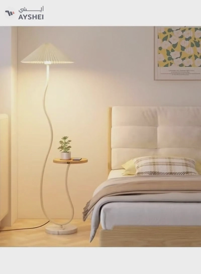 DubaiGallery Floor Lamp Standing Floor Lamp Living Room Nordic Iron Floor Lamp With Wooden Table Standing Light Marble Base Fabric Lampshade Floor Lamps For Living Room Bedroom Floor Lamps-0