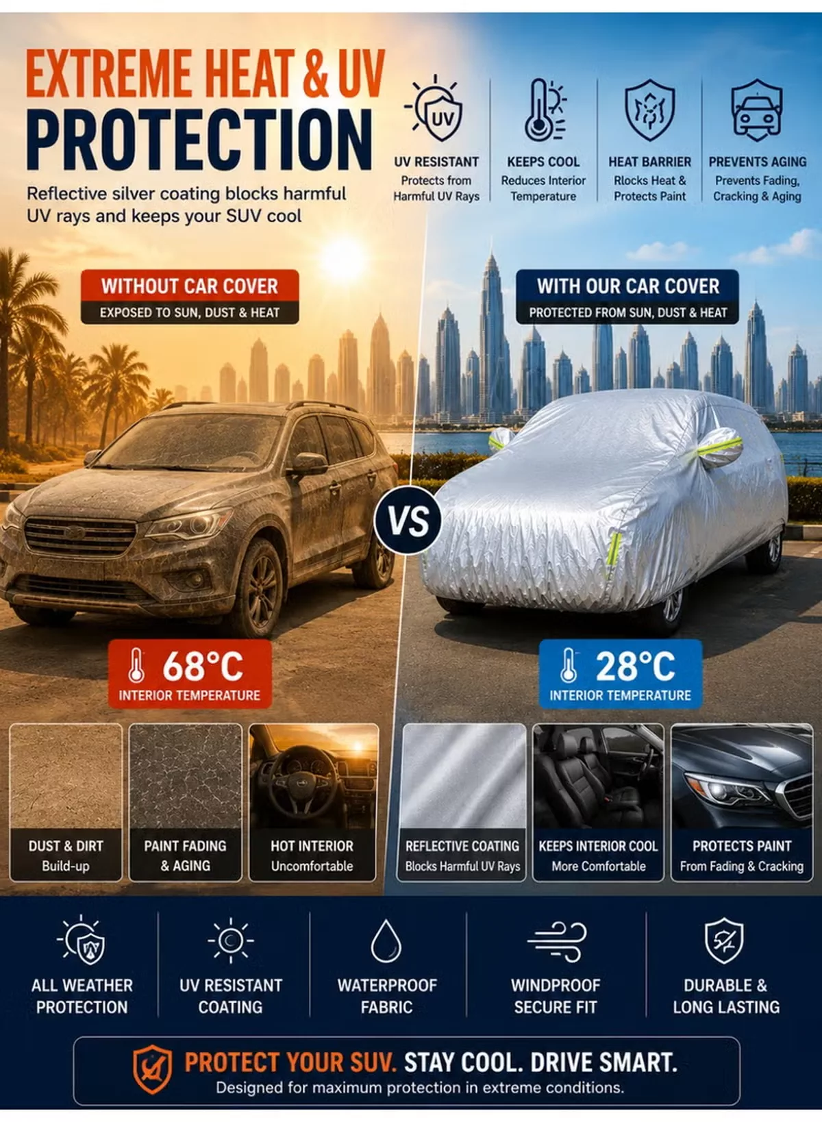Eworld Premium SUV Car Cover Waterproof 3-Layer Protection - UV & Heat Resistant, Dust & Scratch Proof Full Car Cover for SUVs with Straps & Storage Bag-2-2