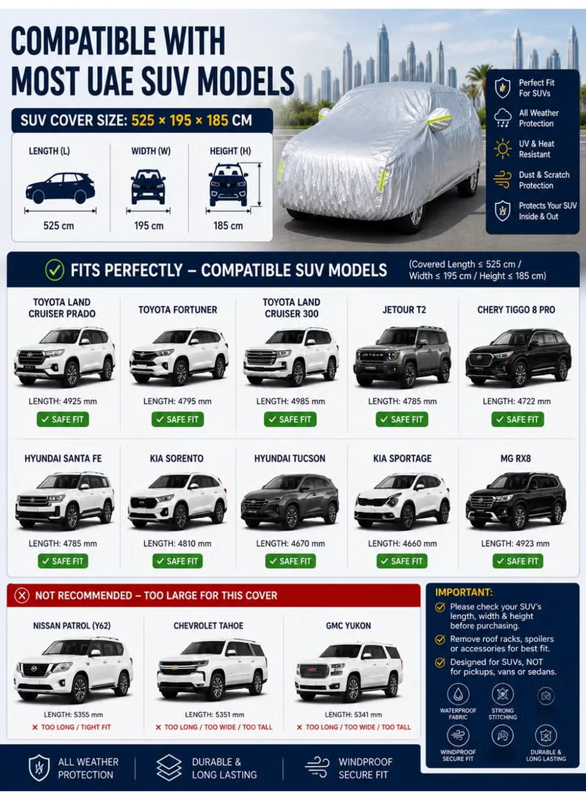 Eworld Premium SUV Car Cover Waterproof 3-Layer Protection - UV & Heat Resistant, Dust & Scratch Proof Full Car Cover for SUVs with Straps & Storage Bag-4-4