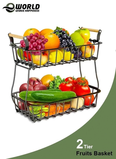Eworld 2-Tier Fruit Basket for Kitchen Countertop, Detachable Metal Storage Stand with Wooden Handle-0