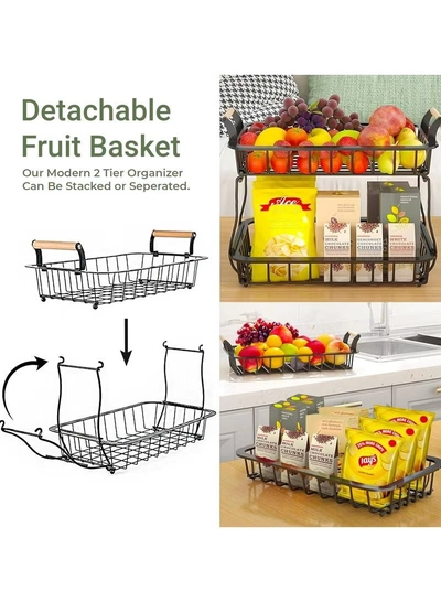 Eworld 2-Tier Fruit Basket for Kitchen Countertop, Detachable Metal Storage Stand with Wooden Handle-1