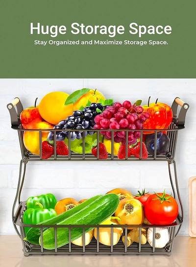 Eworld 2-Tier Fruit Basket for Kitchen Countertop, Detachable Metal Storage Stand with Wooden Handle-2