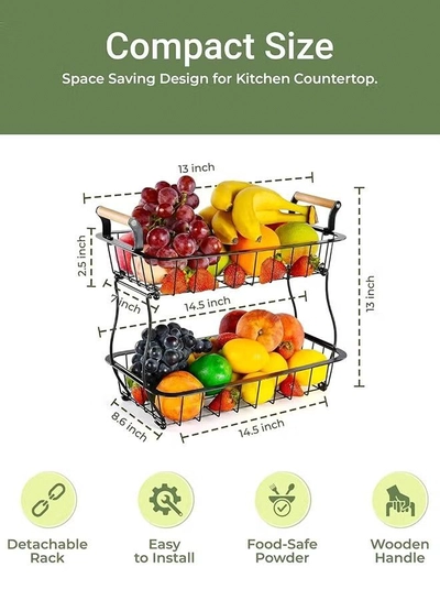 Eworld 2-Tier Fruit Basket for Kitchen Countertop, Detachable Metal Storage Stand with Wooden Handle-4