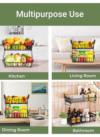 Eworld 2-Tier Fruit Basket for Kitchen Countertop, Detachable Metal Storage Stand with Wooden Handle-7