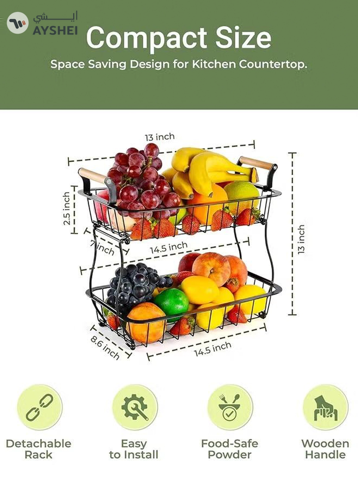Eworld 2-Tier Fruit Basket for Kitchen Countertop, Detachable Metal Storage Stand with Wooden Handle-4-4