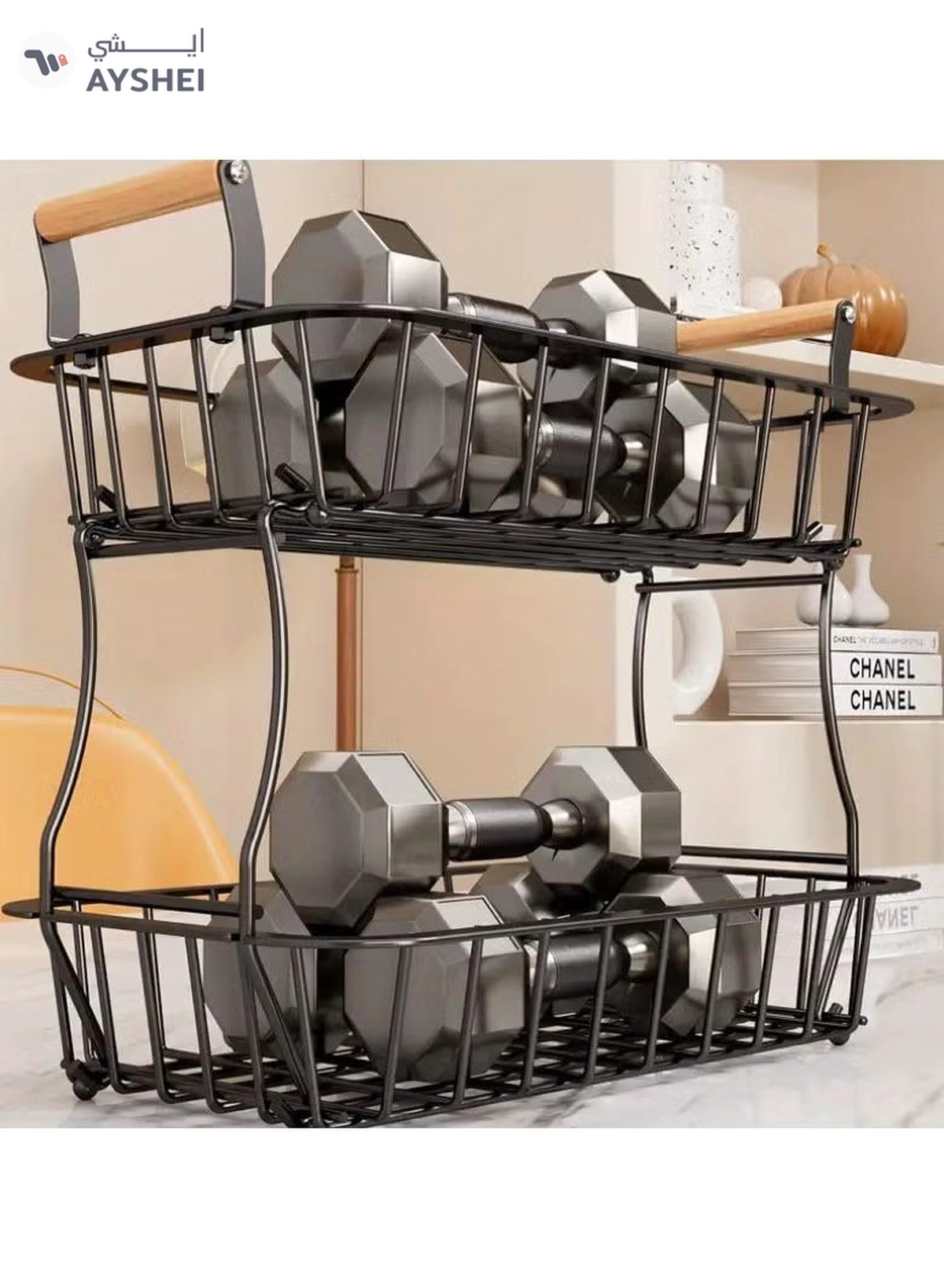 Eworld 2-Tier Fruit Basket for Kitchen Countertop, Detachable Metal Storage Stand with Wooden Handle-5-5