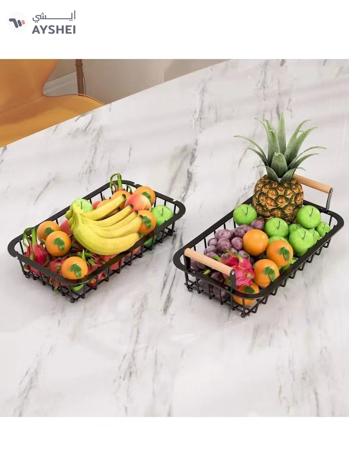 Eworld 2-Tier Fruit Basket for Kitchen Countertop, Detachable Metal Storage Stand with Wooden Handle-6-6
