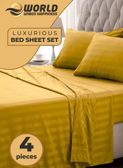 4-Piece Luxury King Size Gold Striped Bedding Set Includes 1 Duvet Cover (220x240cm), 1 Fitted Bed Sheet (200x200+30cm), and 2 Pillow Cases (48x74+5cm) for Ultimate Hotel-Inspired Sophistication-0