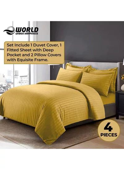 4-Piece Luxury King Size Gold Striped Bedding Set Includes 1 Duvet Cover (220x240cm), 1 Fitted Bed Sheet (200x200+30cm), and 2 Pillow Cases (48x74+5cm) for Ultimate Hotel-Inspired Sophistication-3
