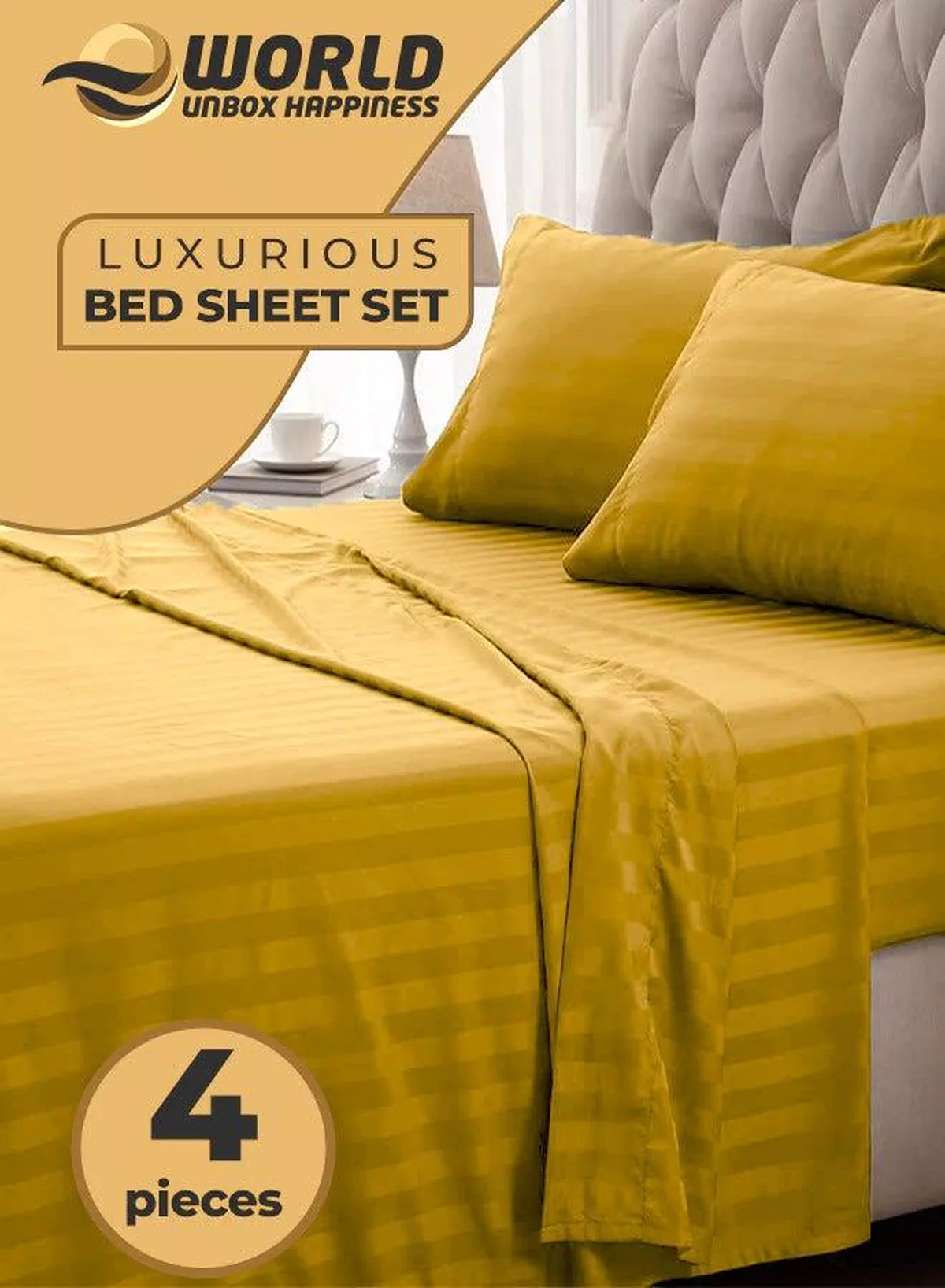 4-Piece Luxury King Size Gold Striped Bedding Set Includes 1 Duvet Cover (220x240cm), 1 Fitted Bed Sheet (200x200+30cm), and 2 Pillow Cases (48x74+5cm) for Ultimate Hotel-Inspired Sophistication